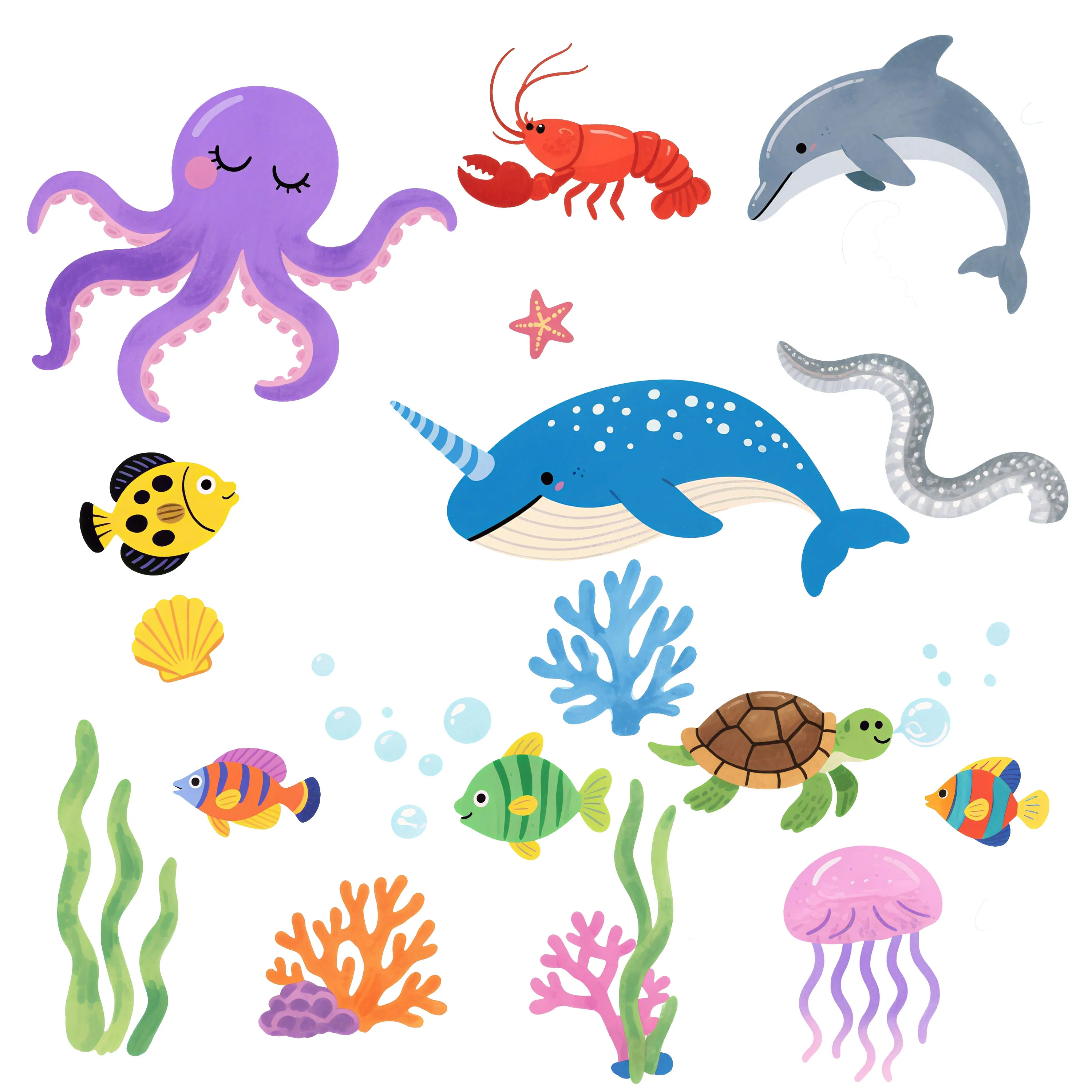 Watercolor underwater animal wall stickers, bathroom children's room wall renovation, self-adhesive waterproof and ugly covering