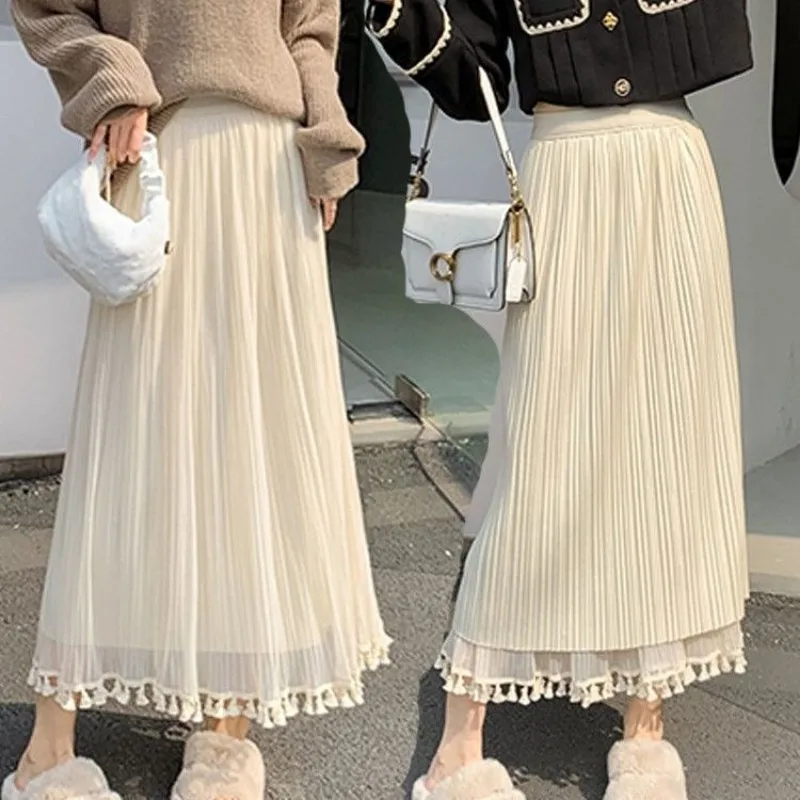 Spring Two-sided Skirt Split Pleated coffee Gauze Skirts