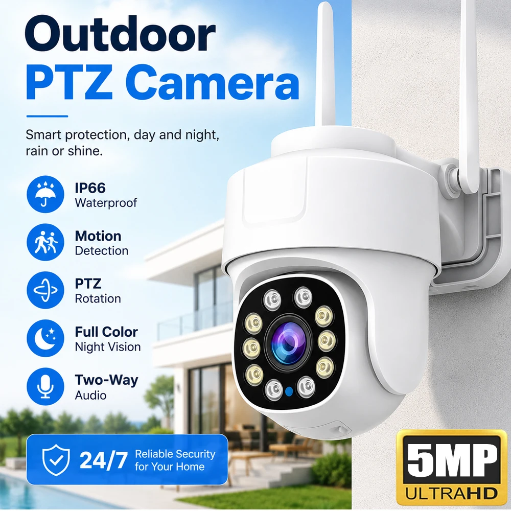 Clearance Low Price 5MP WiFi PTZ Outdoor Camera Auto Tracking Color Night Vision Two Way Audio Waterproof Security CCTV Camera