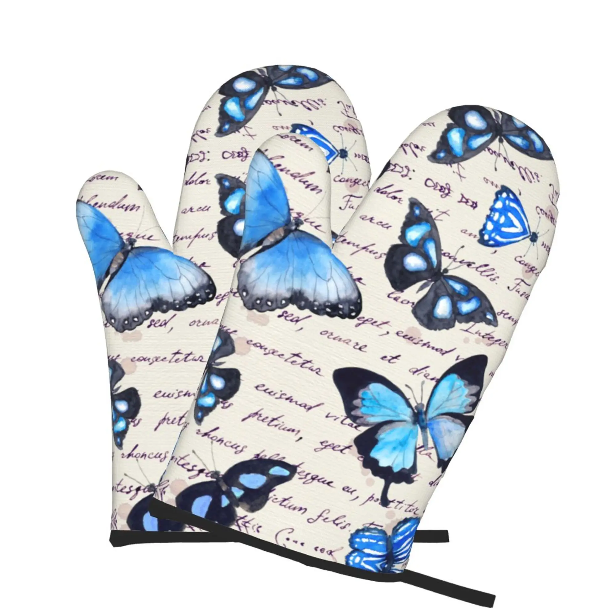 Vintage Blue Butterfly Newspaper Oven Mitts 2pc Heat Resistant Gloves Kitchen Oven Gloves Heat Resistant  for Cooking Grilling