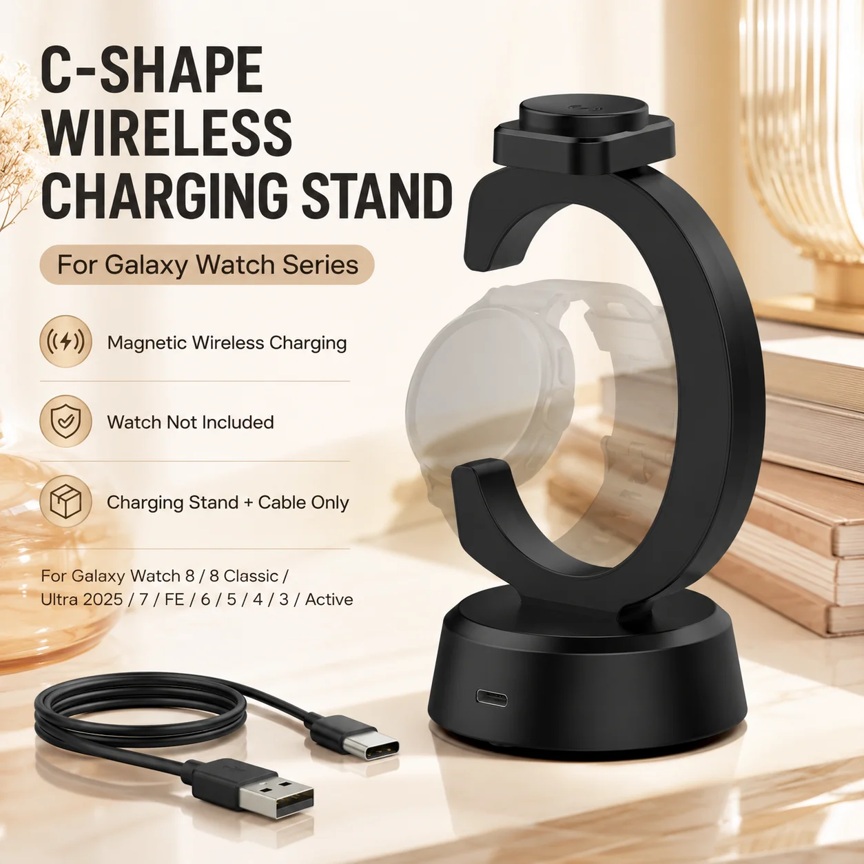 Charger Stand for Galaxy Watch Ultra 2025/Watch 8/7/6/5/4/3 - Magnetic Wireless Charging, Smart Watch Charger, Type-C Port