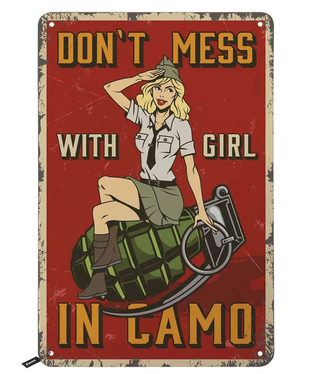 Swono Pin Up Girl Smile Salute Tin Signs,Don't Mess with Girl in Camo Vintage Metal Tin Sign For Men Women,Wall Decor for Ba