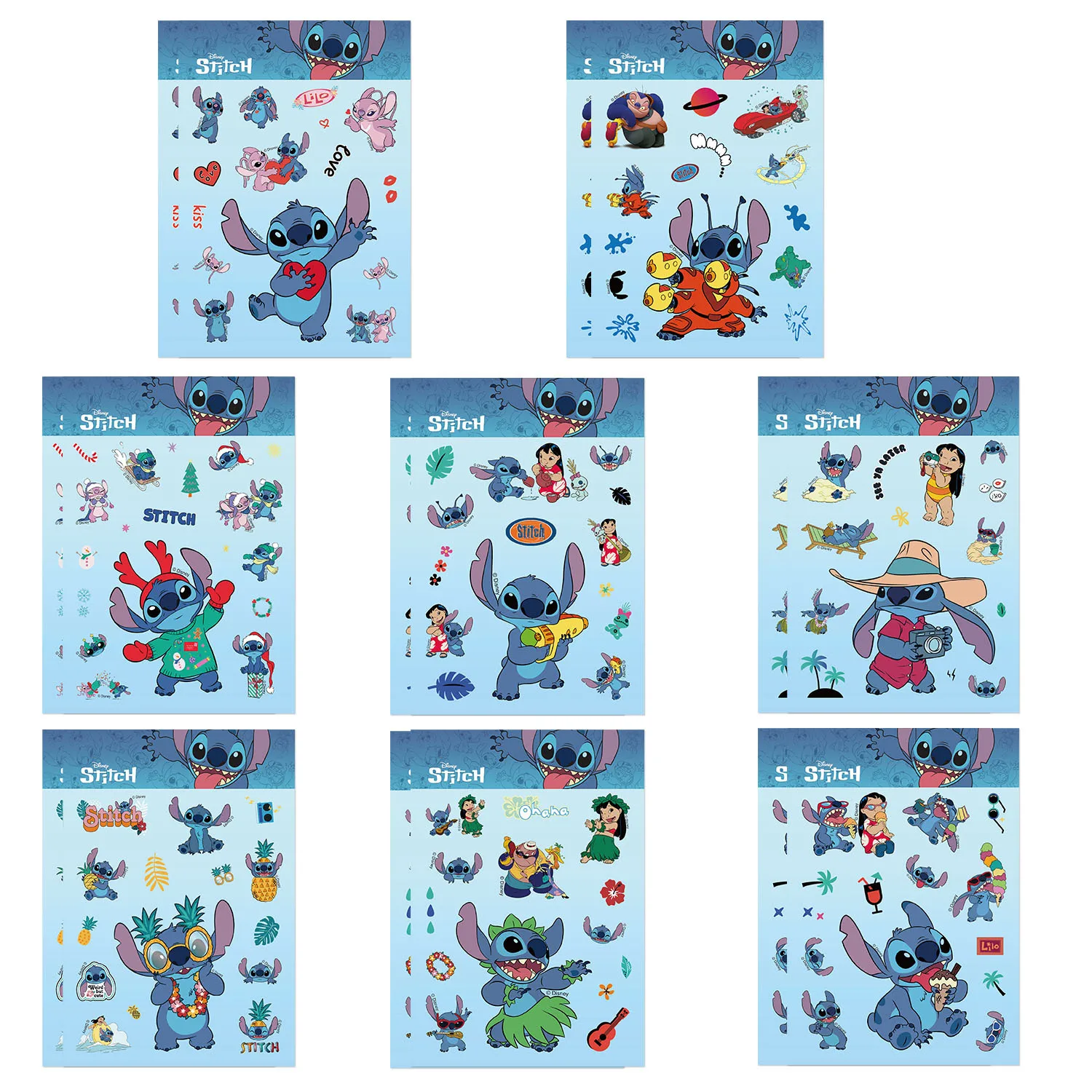 MINISO 8 Sheets Stitch Sticker Disney Cute Creative Phone Case Diy Laptop Water Cup Skateboard Pvc Waterproof Decorative Sticker