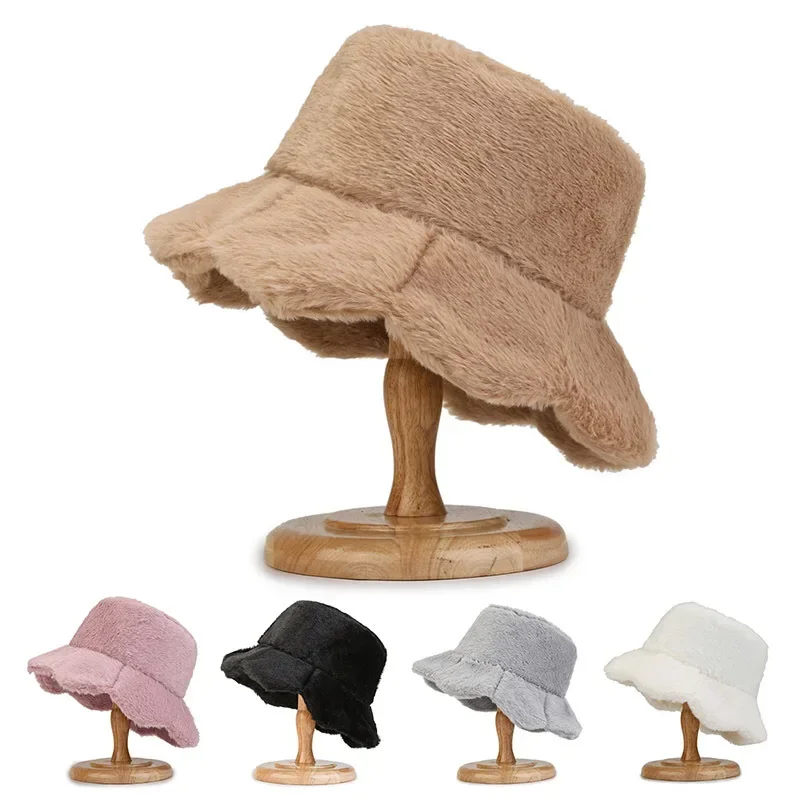 INS Thick Lamb Wool Plush Bucket Hat Faux Fur Fisherman Hats for Women Girls Outdoor Winter Warm Fluff Bowl Autumn Street Caps