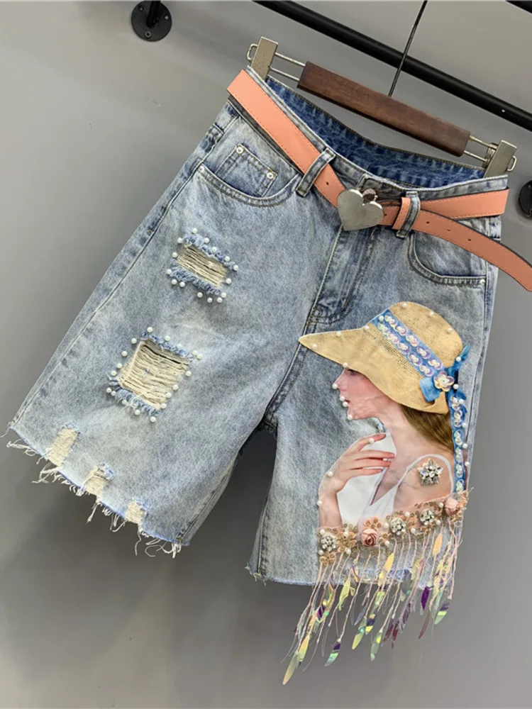 New Summer Women's Jeans Korean Fashion Hole Ripped Beading Vintage Printed Knee Length Denim Pants Y2K High Street