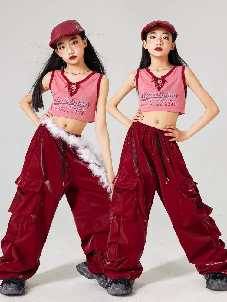 Costume de spectacle de danse Jazz rouge pour filles, vêtements de scène Kpop, pantalon Shuffle Hip Hop, haut court, vêtements de danse de rue à la mode pour enfants