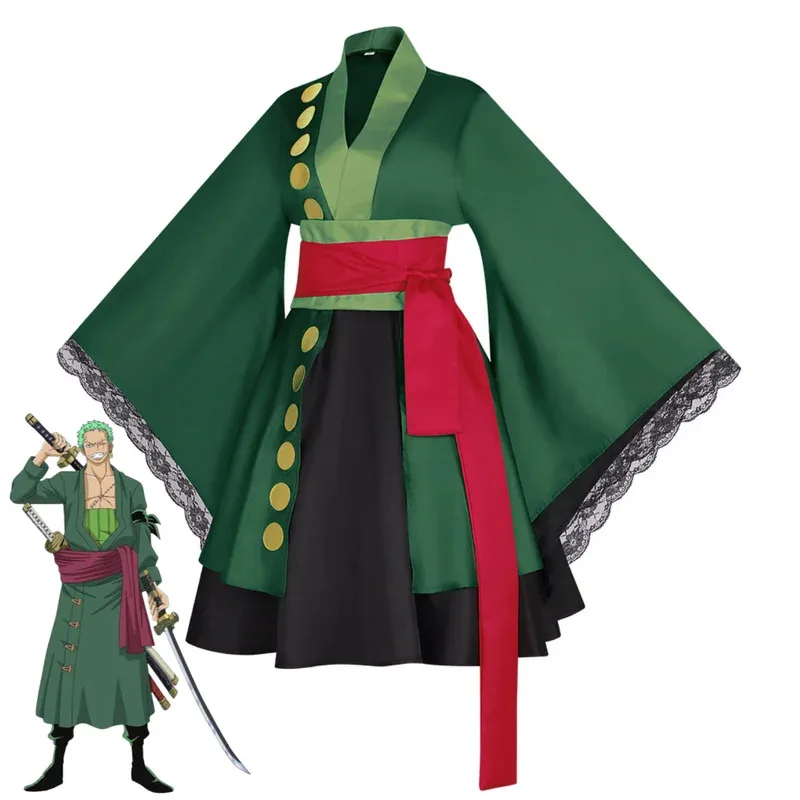 CyAnime Roronoa Zoro Косплей Костюм Wano Kuni Country Женское Зеленое Японское Кимоно Лолита Юбка Парик Женский Сексуальный Карнавальный Костюм