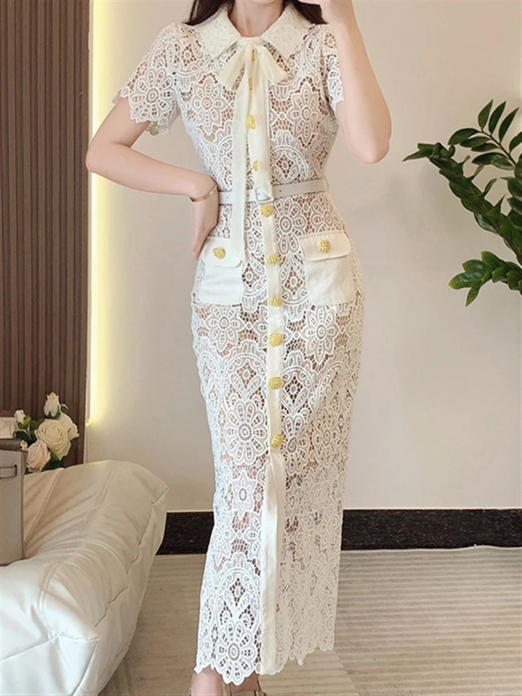 

Woman A-Line Boho Elegant Summer Vintage Party Embroidery Sexy Solid 2023 Dress Dresses Women Lace Short Sleeve Mesh Vestido