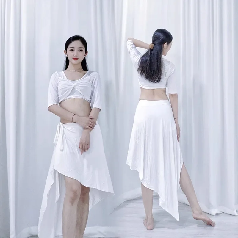 ที่กําหนดเอง Belly Dance เครื่องแต่งกายฝึกชุด Modal Splicing ตาข่าย Twisted Top ไม่สม่ําเสมอ Wrap กระโปรงอเนกประสงค์
