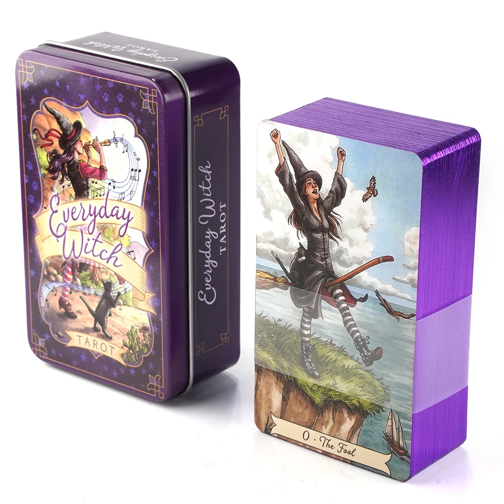 Everyday Witch Tarot Card in Tin Metal Box, Borda dourada, Guidebook Deck, Stocking Blooming, Cat, 78 Cartas