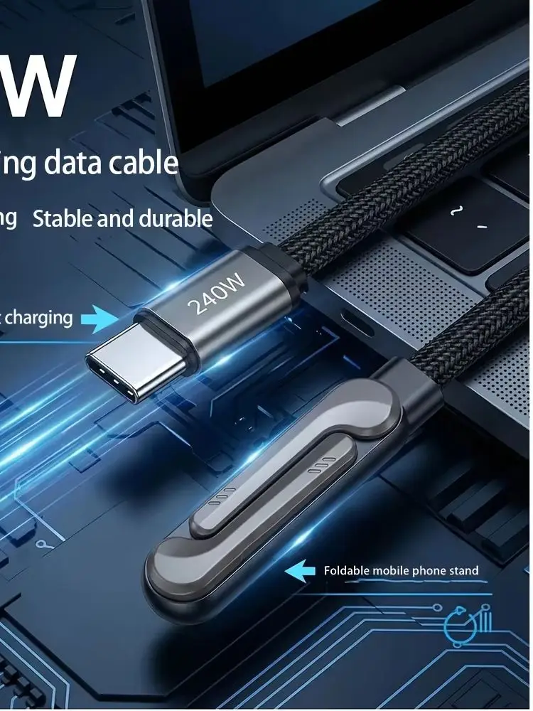 Kabel USB-C 240W, 150 cm, pleciony kabel do szybkiego ładowania ze stojakiem, kątowy złącze, synchronizacja danych do gier na telefonie komórkowym — 2