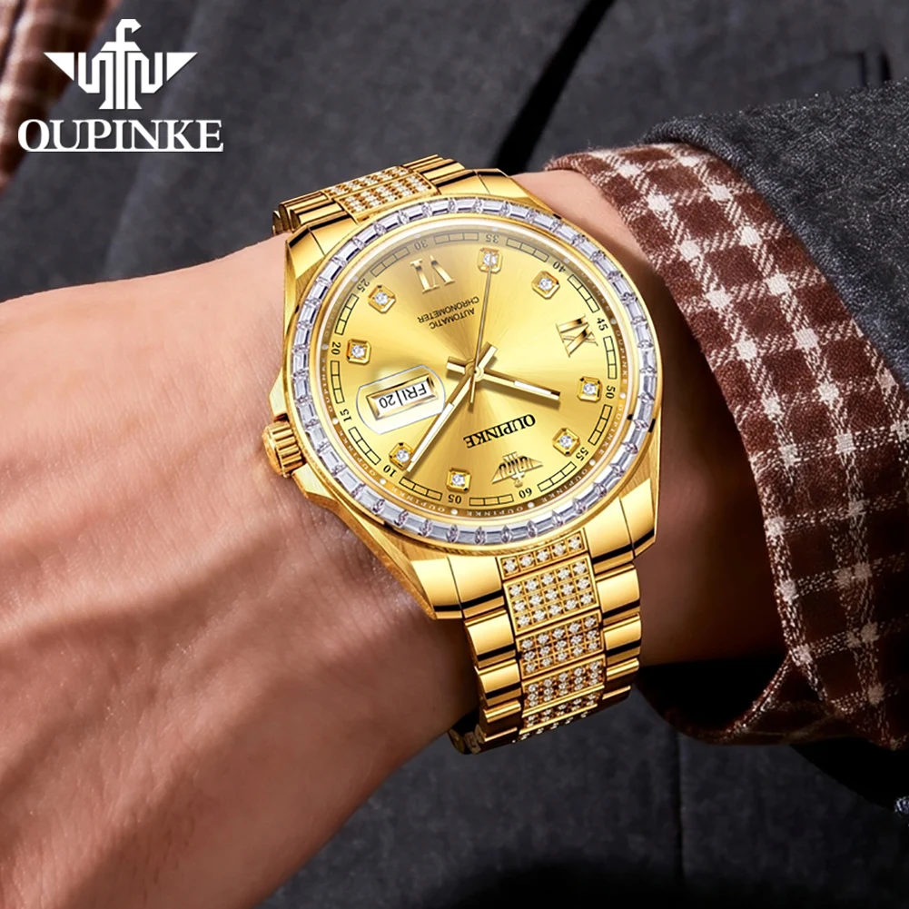 OUPINKE 3328 Automatic Mechanical Men's Watch Dual Calendar Display Full Diamond Imported Movement Automatic Winding Watch