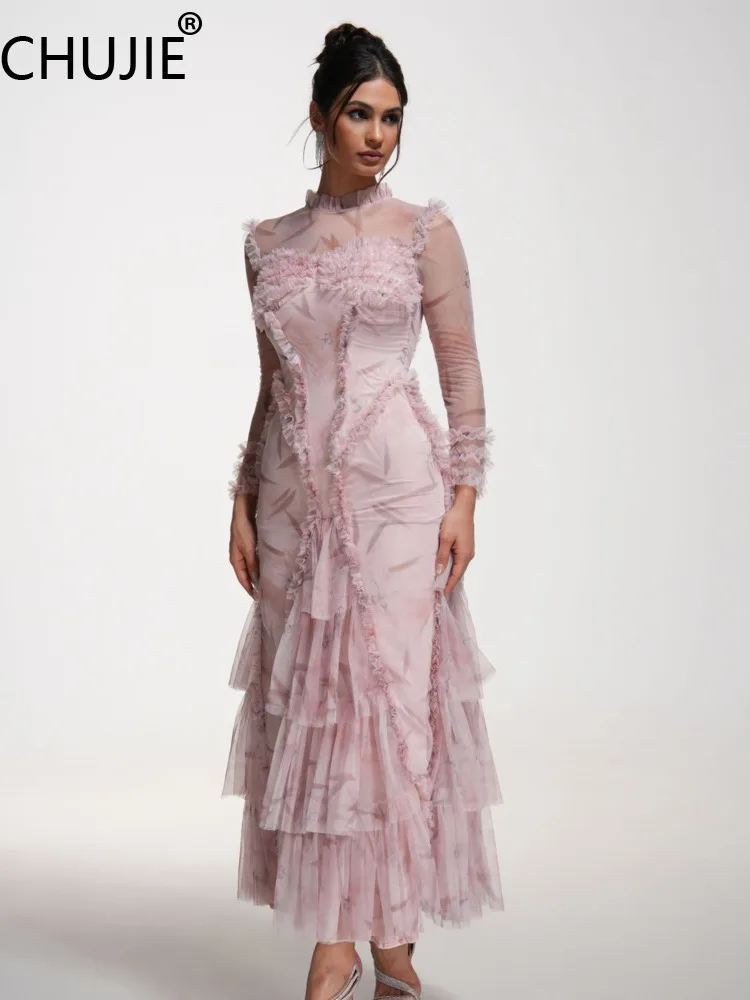 

Women's Lotus Hem Dress 2025 - Tiered Ruffled Skirt, Sweet Pink Butterfly Detail Slim Fit Dress