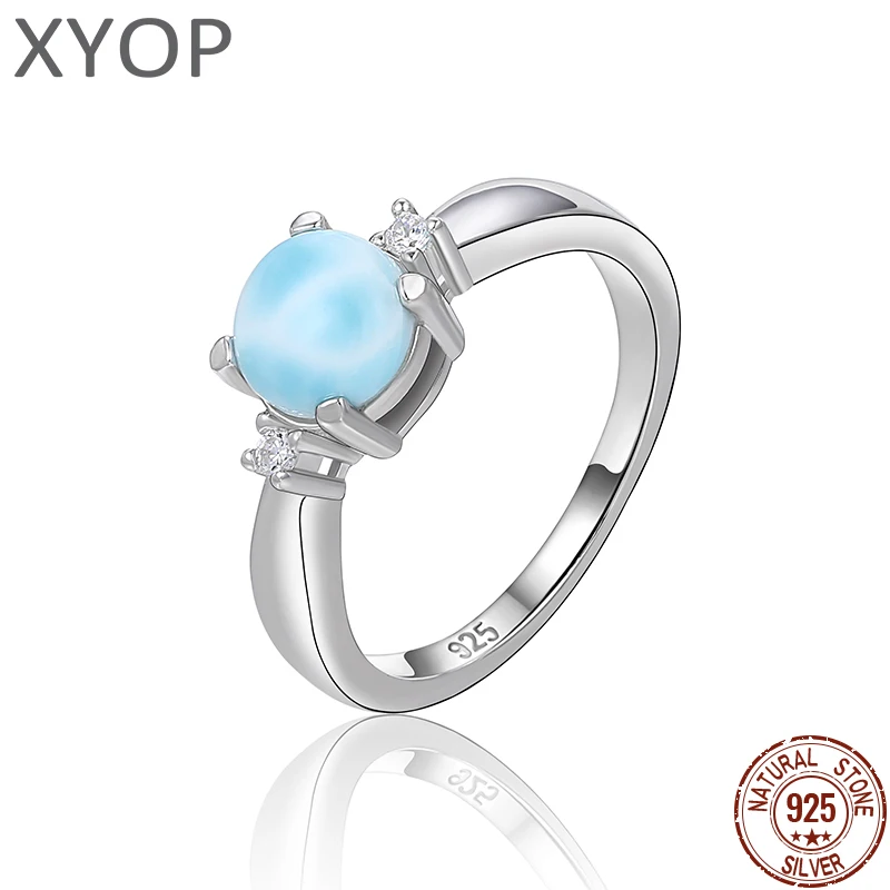 XYOP 925 Silver Gift Round Natural Larimar Ring,The Girl Next Door Is Clean And Calm