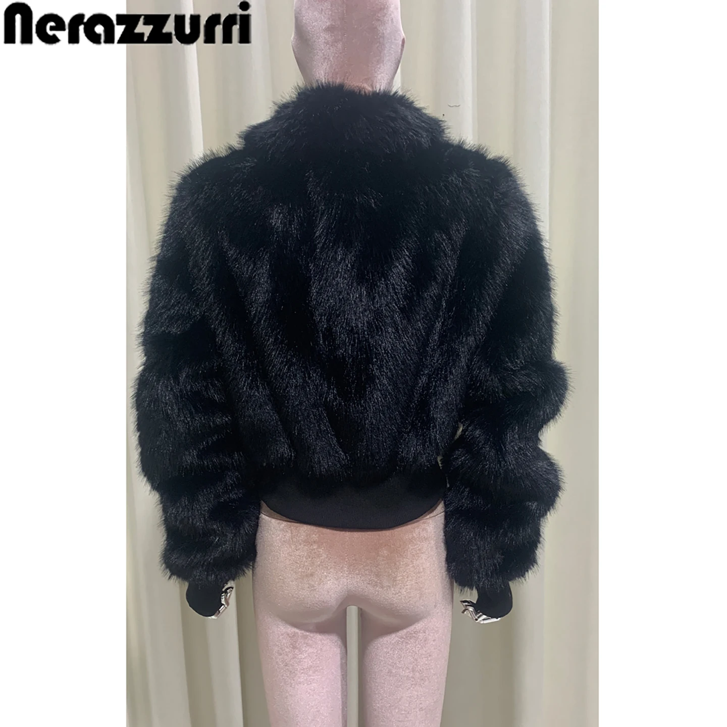 Nerazzurri Winter Short Fur Coat Black Long Sleeve Women's Autumn Winter High End Fake Fur Collar Eco Friendly Plush Jacket