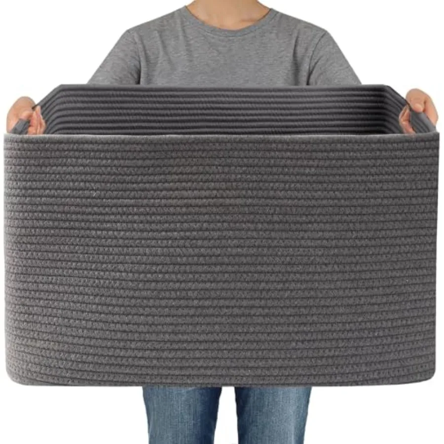 

Woven Blanket Basket, Large Storage Bin for Blankets Toys Clothes, Decorative Rope Basket for Living Room Bedroom with Handles