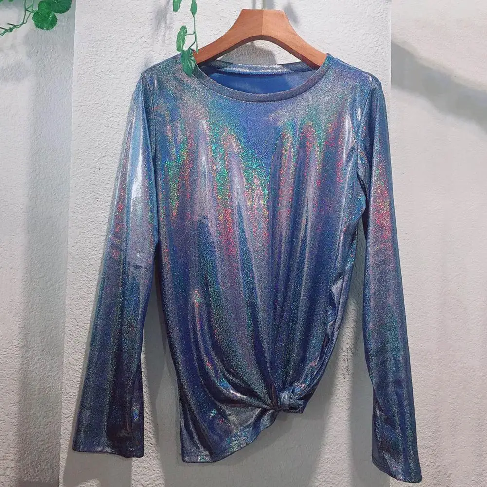Femmes paillettes T-shirt coupe ample à manches longues scintillant réfléchissant T-shirt brillant embelli hauts pullover tenue de club dame vêtements
