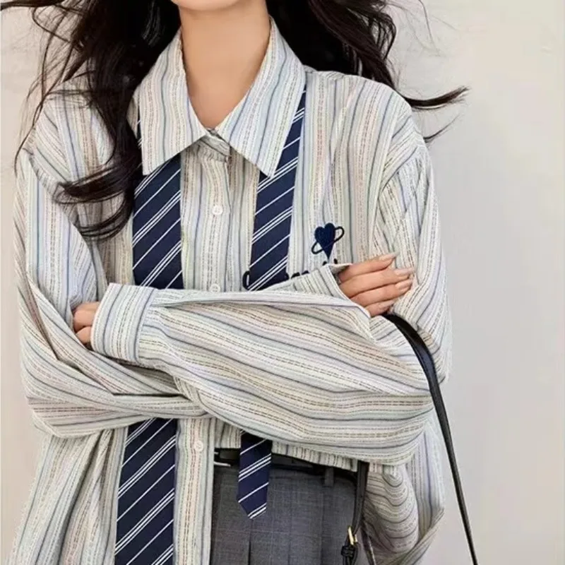 DAYIFUN Striped with Tie Shirt for Ladies Summer Autumn Loose Vintage Preppy Style Blouses Cute Parts Student Besties Clothes