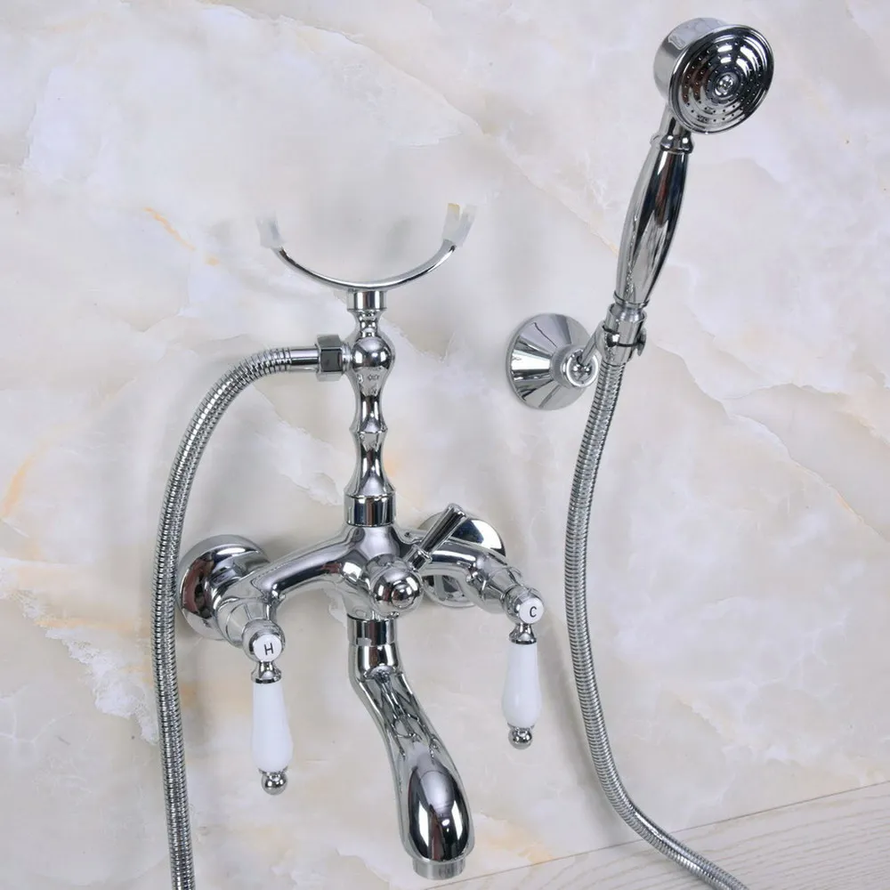 

Polished Chrome Double Handle Bathtub Faucets with Hand Shower Telephone Style Bath Shower Faucet Bna247