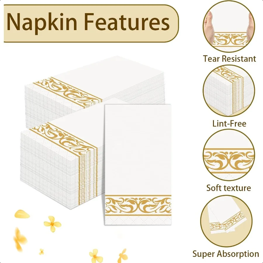 100 Pack  Paper Napkins Soft and Absorbent Hand Towels for Bathroom Decorative Napkins with Gold Trim 12.9x15.6 Unfold Ideal fo