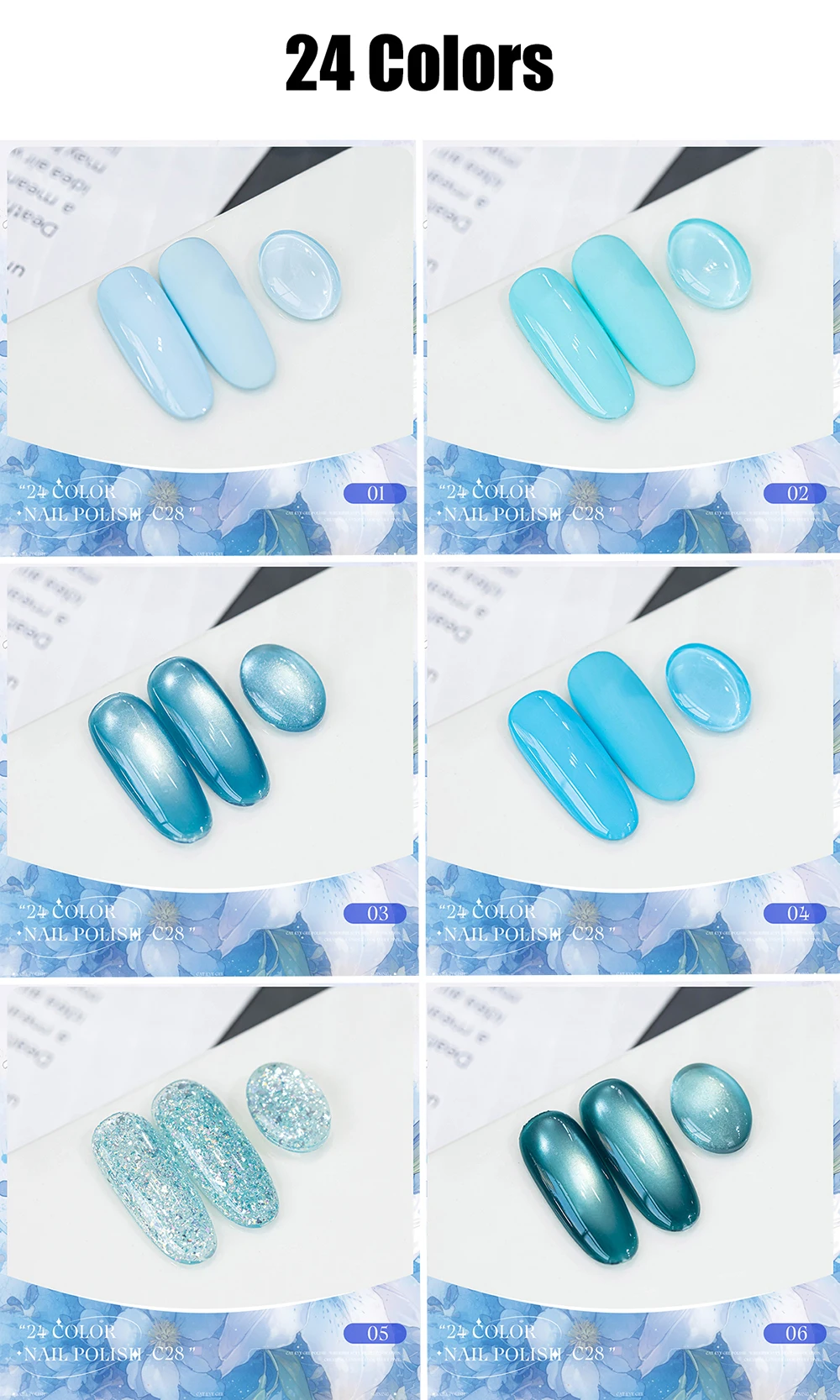 Vendeeni 24 Farben Hochpigmentiertes Blaues Gel-Nagellack-Set, Reine Farben, Glitzer, Katzenaugen-Effekt, Gemischter UV-Soak-Off-Gel-Lack mit Display – Detail 5
