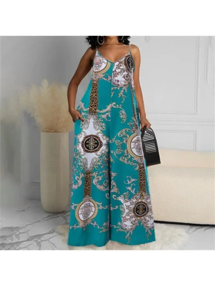 Plus Size Summer Women\'s Casual Elegant Printed Backless Jumpsuit Loose Sleeveless U-shaped Camisole Wide Leg Pants Jumpsuit