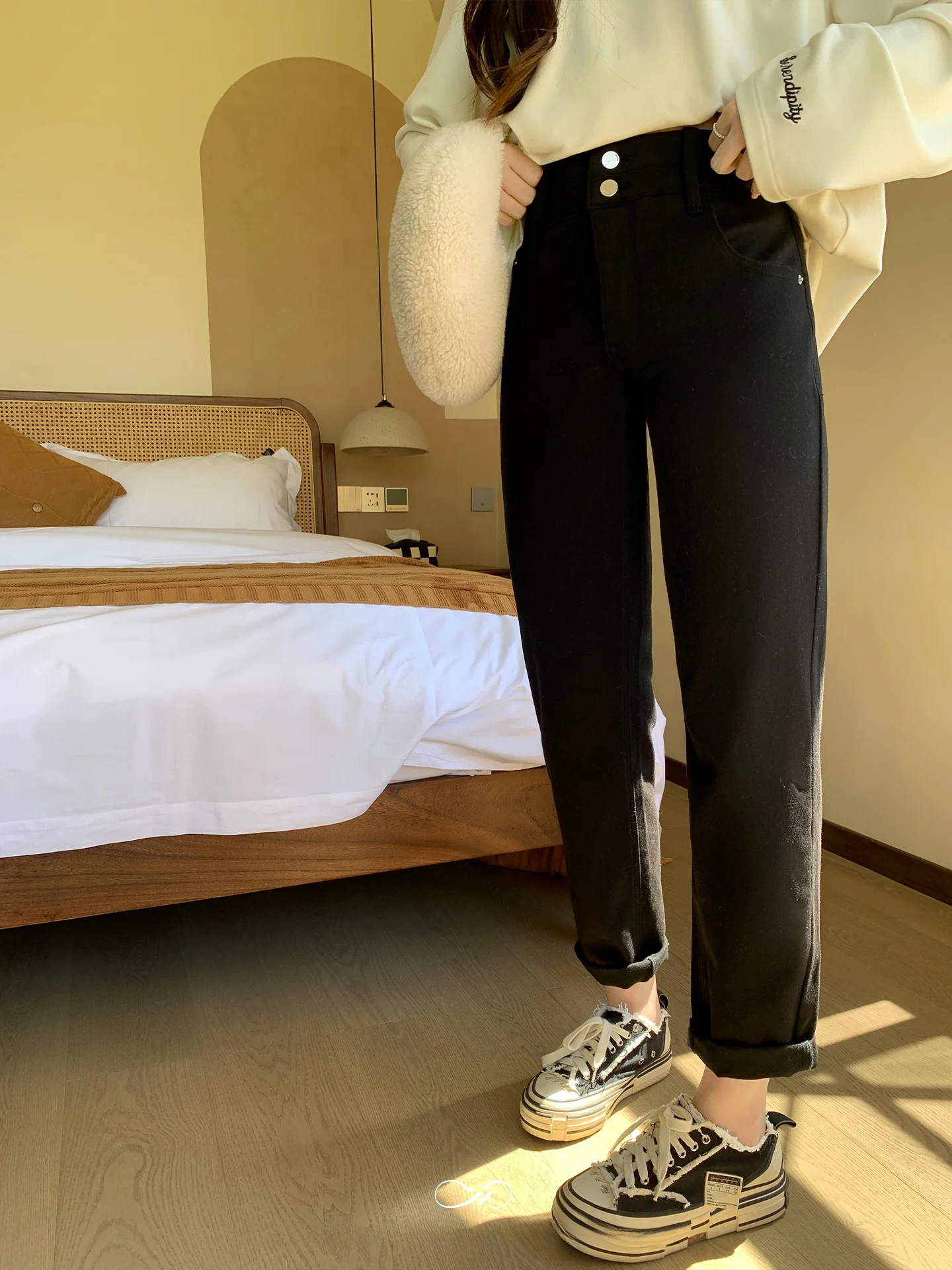 

Джинсы женские прямые с высокой талией, нелиняющие, из смесового полиэстера, больших размеров, повседневные, модные