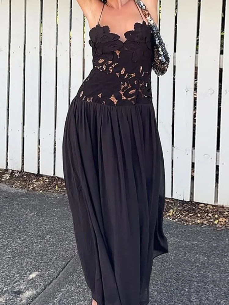 

Sexy Hollow Out Lace Patchwork Party Dress, Women Summer Sleeveless Backless Maxi Dress, 2025 Beach Style Ladies Casual Dresses
