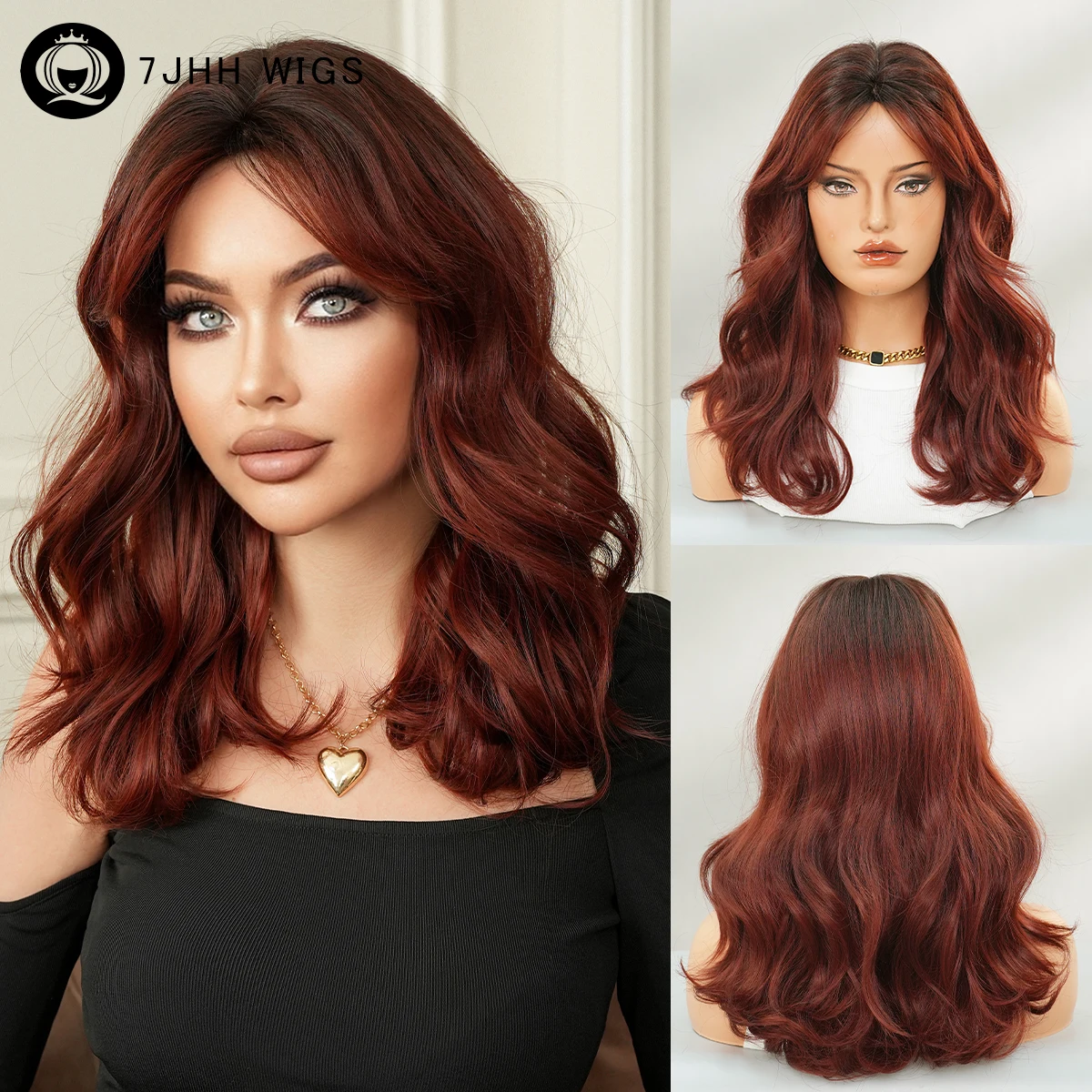 

Shoulder Length Body Wave Mocha Red Wig for Women Synthetic Modest Fashion Middle Part Wear and Go Wigs with Curtain Bangs
