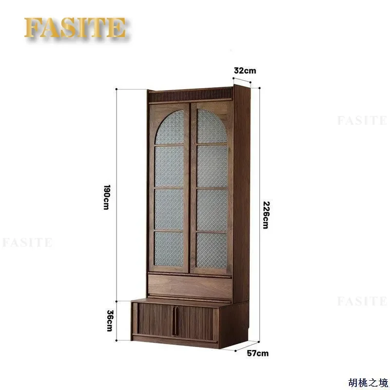 For North American Black Walnut Full Wall Bookcase Living Room Display Cabinet All Solid Wood Floor Shelf with Card Seat