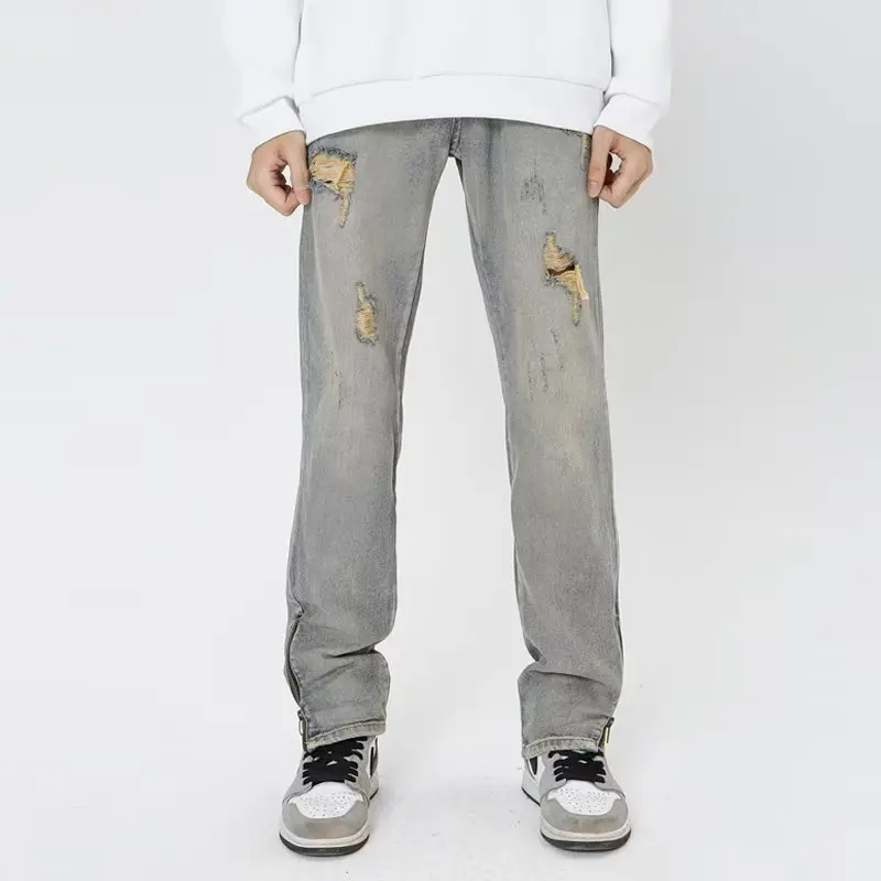 

Vintage Straight Denim Slit Pants Ripped Long Streetwear Casual Fall Spring Baggy Trousers Cargo For Men or Women 5073