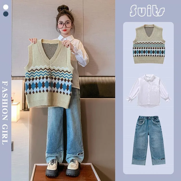 

Korean Spring Autumn School Girl 3-Pieces Set Junior Girl Knitted Vest+Long Sleeved Shirt+Denim Wide-leg Pants Girl Suit 4-12Yrs