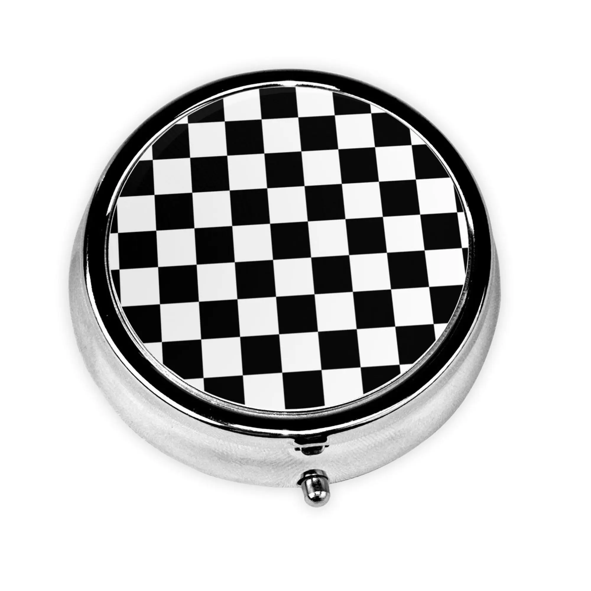 Black White Racing Checkered Pattern Round Pill Boxes Medicine Organizer Container Medicine Case Metal Pill Boxes