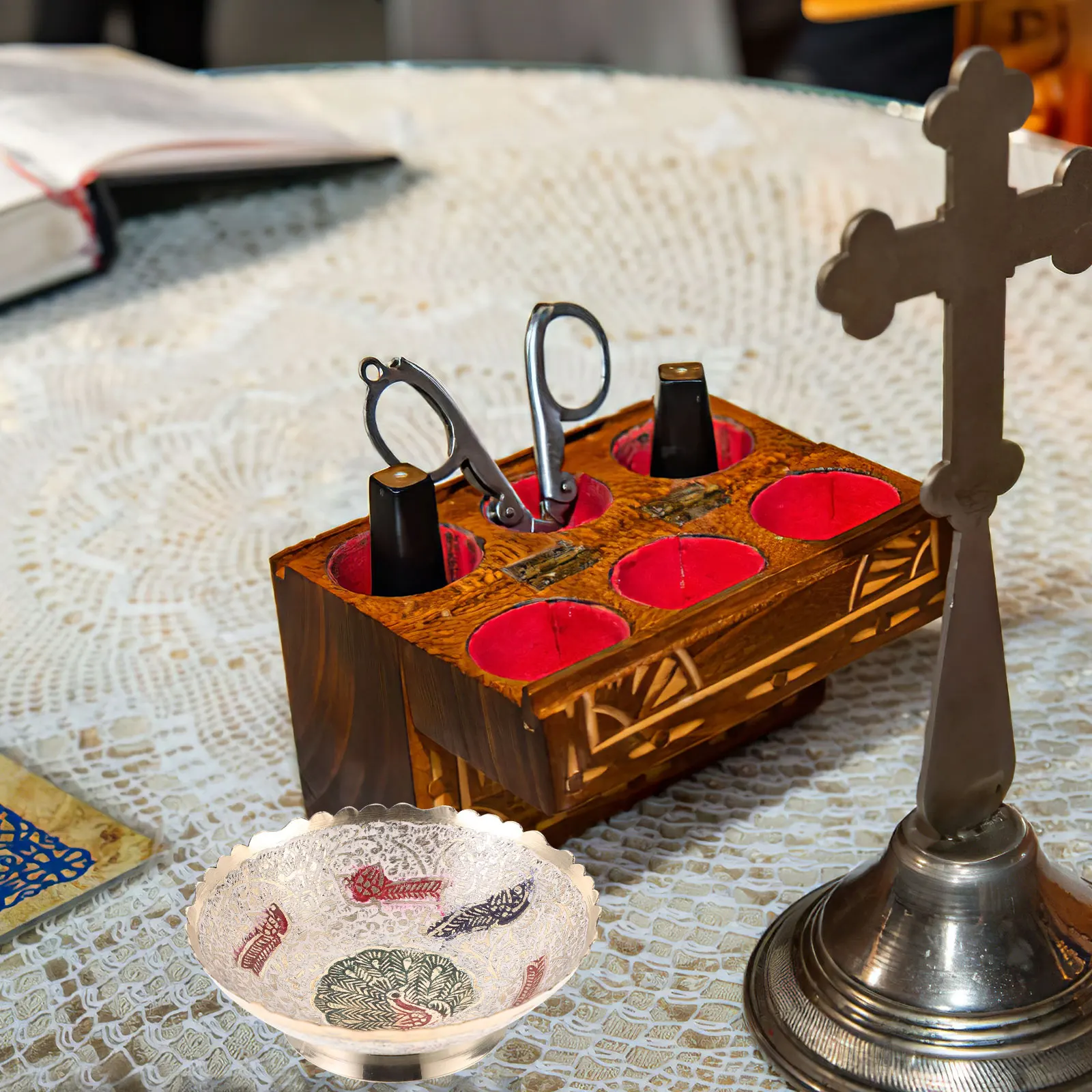 

Colorful Holy Water Bowl Vintage Brass Fruit Serving Tray Temple Offering Plate Decorative Snack Storage Pedestal Bowl