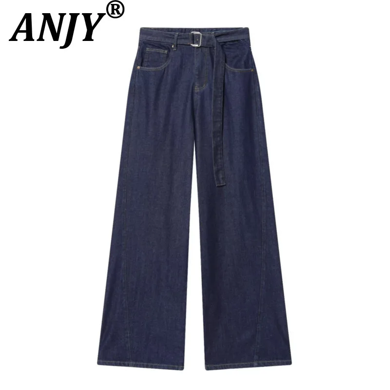 

ANJY Spring Autumn New Women Elegant Fashion Washed Vintage Ins Sashes Jeans Trend Loose Casual Slim Wide Leg Denim Pants A19913