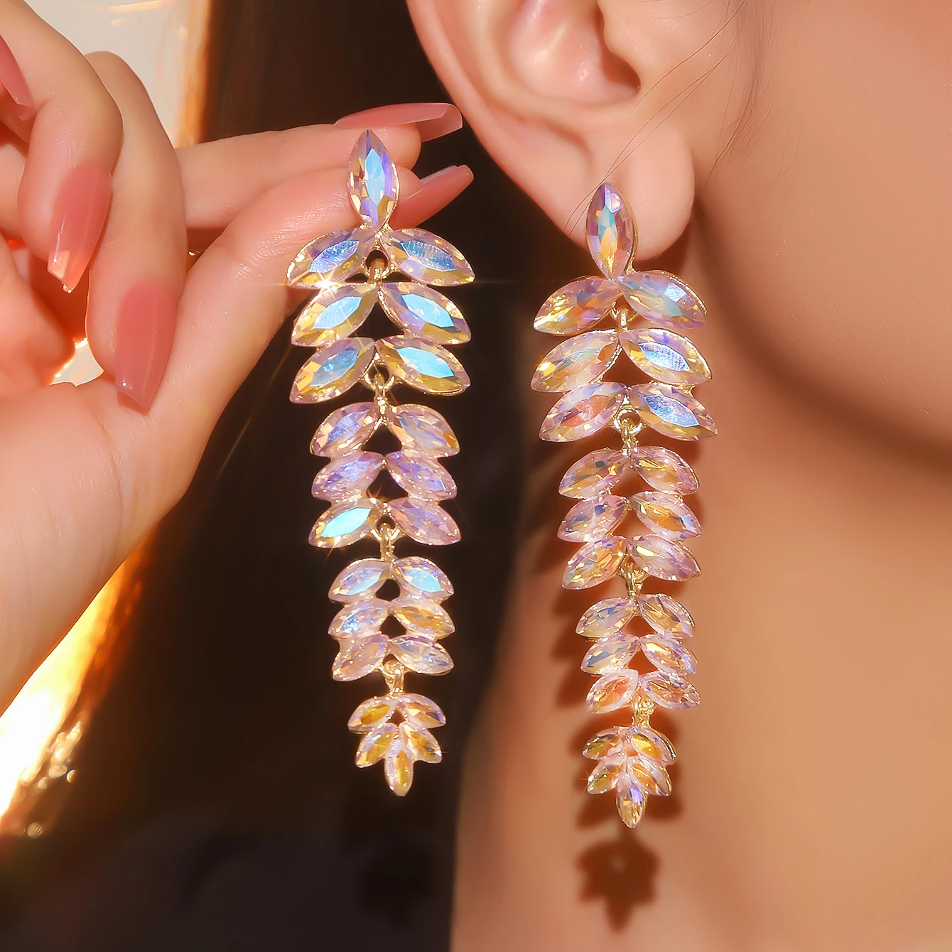 

New light luxury colored glass rhinestone long leaves earrings female fashion exquisite personality match earrings