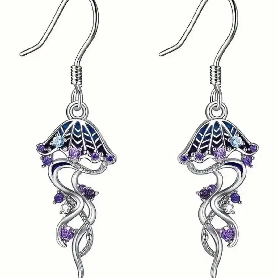 Women Purple Crystal Stone Jellyfish Drop Earrings Silver Color Metal Cute Ocean Elements Dangle Earrings Rhinestone Jewelry