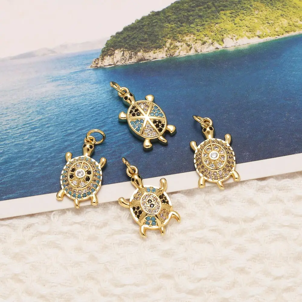 OCESRIO Turquoise Crystal Lucky Turtle Charm for Bracelet Copper Gold Plated Animal Handmade Jewelry Making Supplies chma564