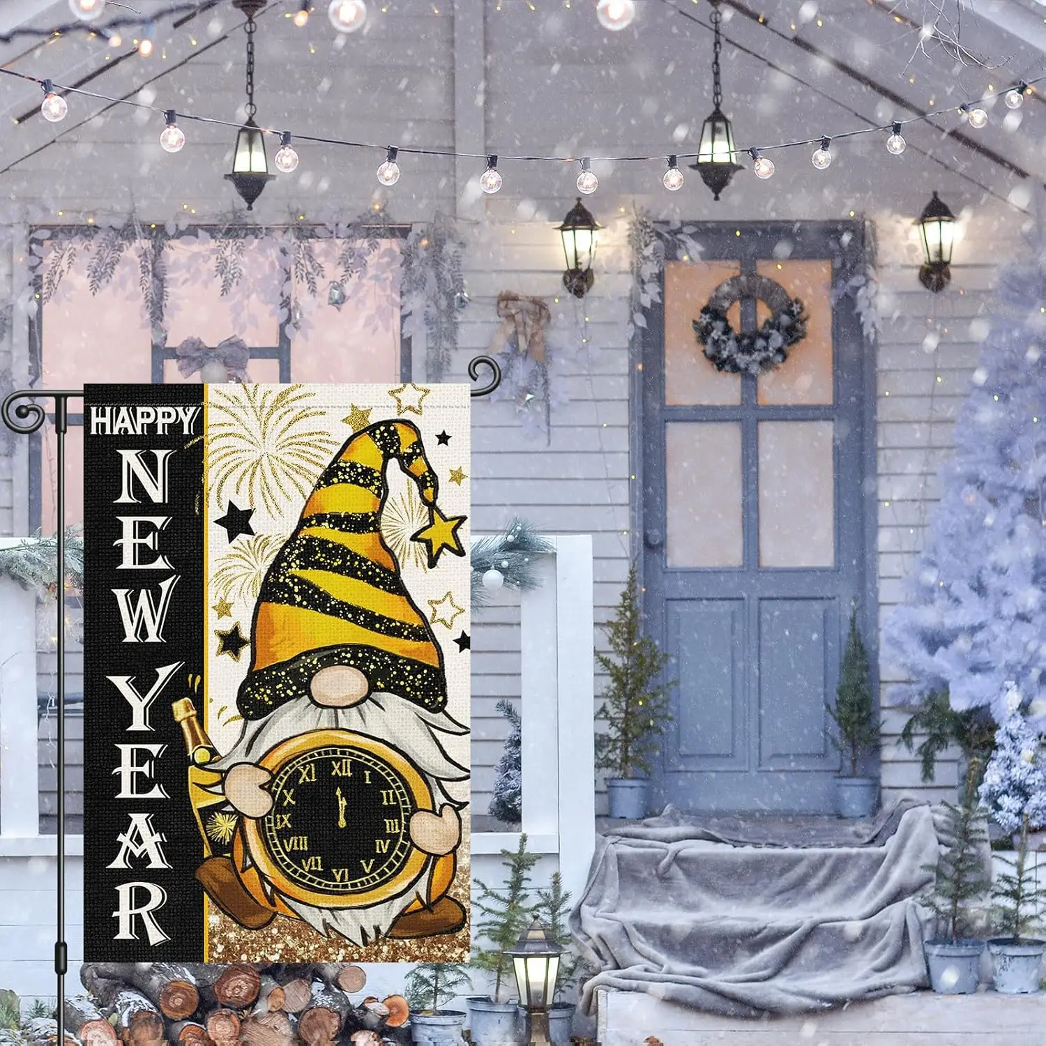 Heyfibro Happy New Year Gnome Garden Flag 12x18 Inch Double Sided Decorative Clock Firework Small Yard Flags for Outside Hou SSL