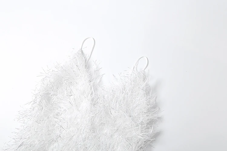Weird Puss Furry Tassel Sling Kleid Damen Sommer Trend Spaghettiträger Tiefer Ausschnitt Rückenfrei Figurbetont Pfirsichfarben Hüftbetont Modisch Mini Bodycon – Detail 6