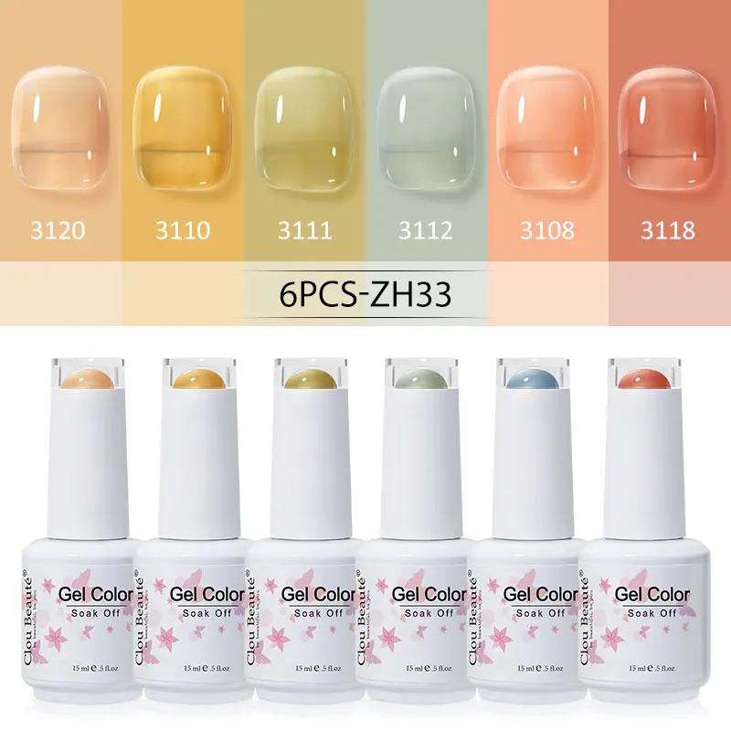 Clou Beaute 6 Stück Jelly Translucent Gel Nagellack Langlebiger Glitzer Nude Lack LED UV Soak Off Semi Permanent DIY 15 ml Gel