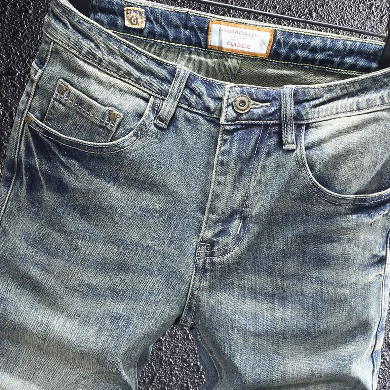 Faded Blue Denim Jeans for Men Italian Designer Craft Vintage Wrinkle Distressed Stretch Skinny Fit Casual Jeanshombre