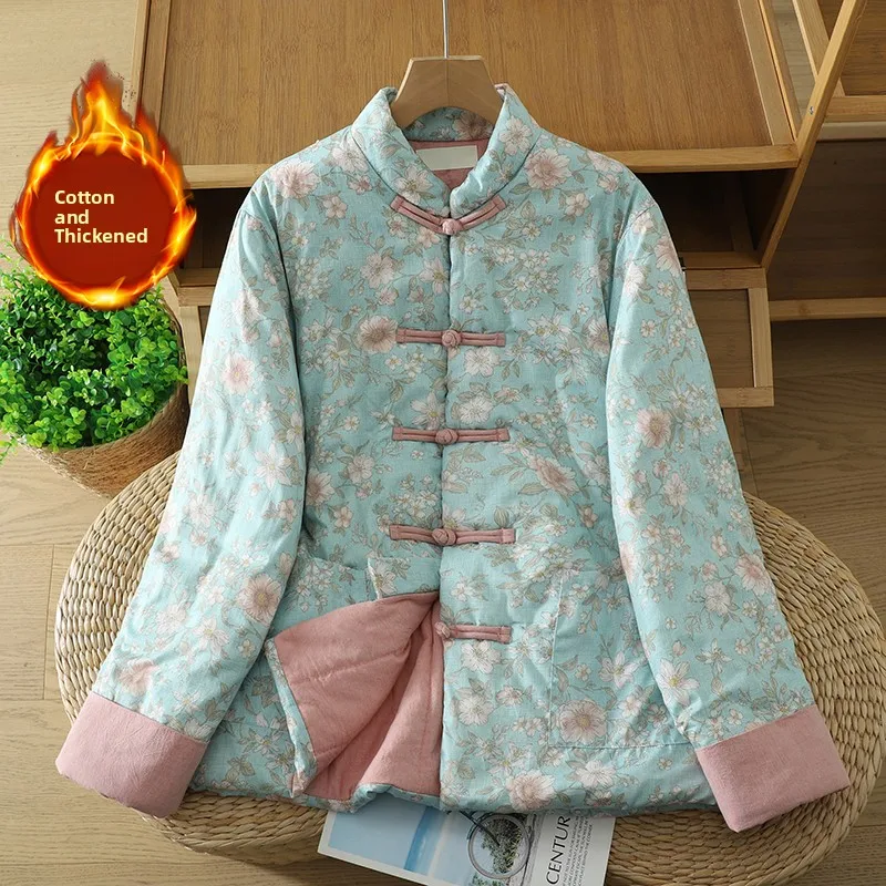 

Thiened Lightweight Floral Embroidery Cotton Jaet Loose Fit Vintage Button up Warm Autumn Winter New Sle Women's Coat