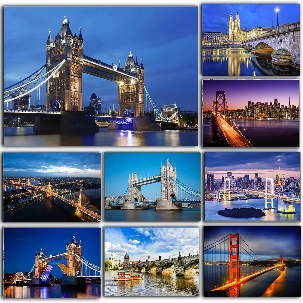 1 toile sans cadre avec paysage urbain de Londres, impression d'affiches murales modernes de lieux emblématiques célèbres, décorations murales pour la maison, images du Tower Bridge du Royaume-Uni