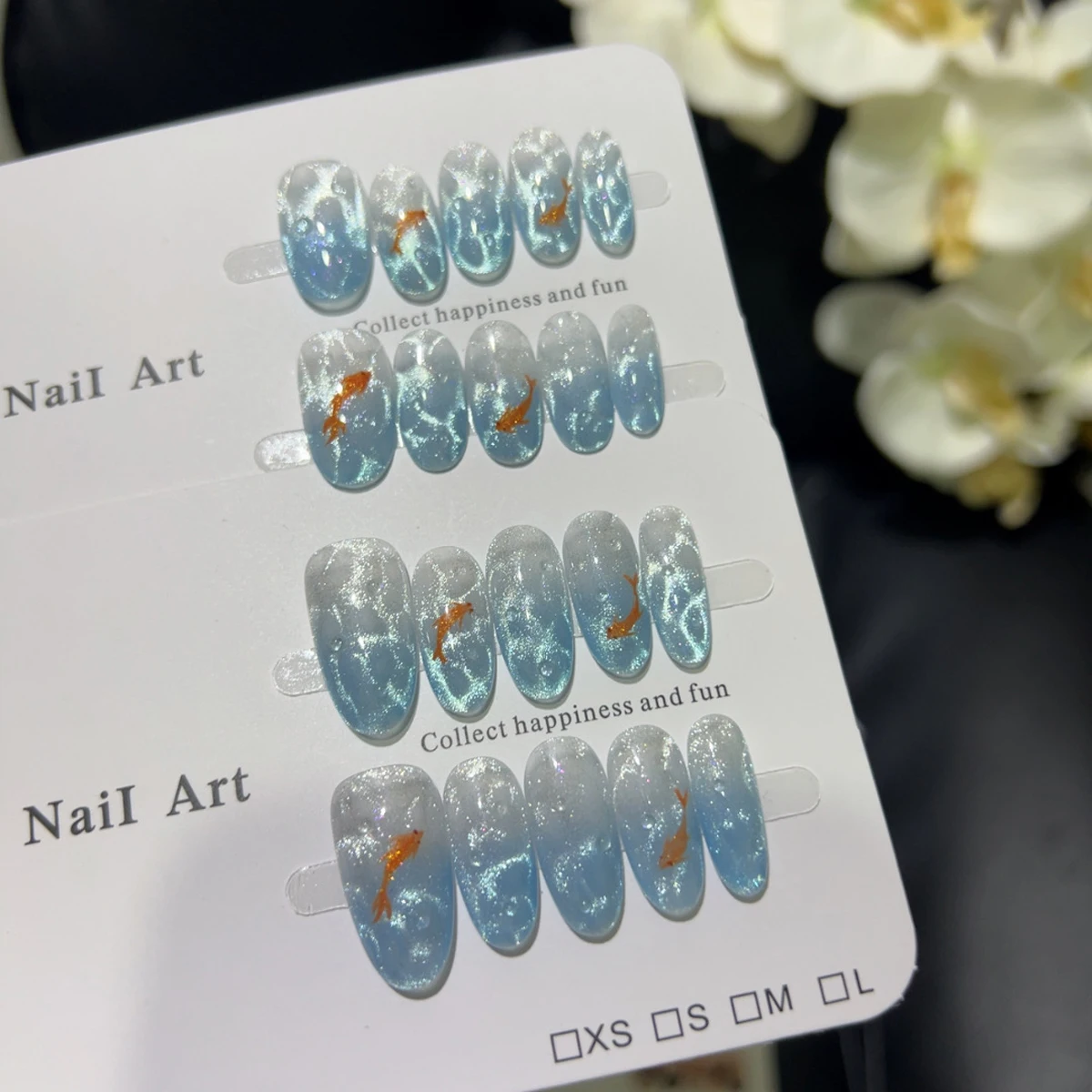 10pcs High-end The gentle water ripples on the French glacier blue ocean bottom gradually change with koi fish tails and cat eye