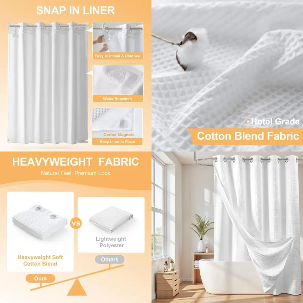 

Snap-In Liner White Cotton Blend Shower Curtain, 71W x 74L, Hotel-Quality, Water-Resistant Bath Curtain