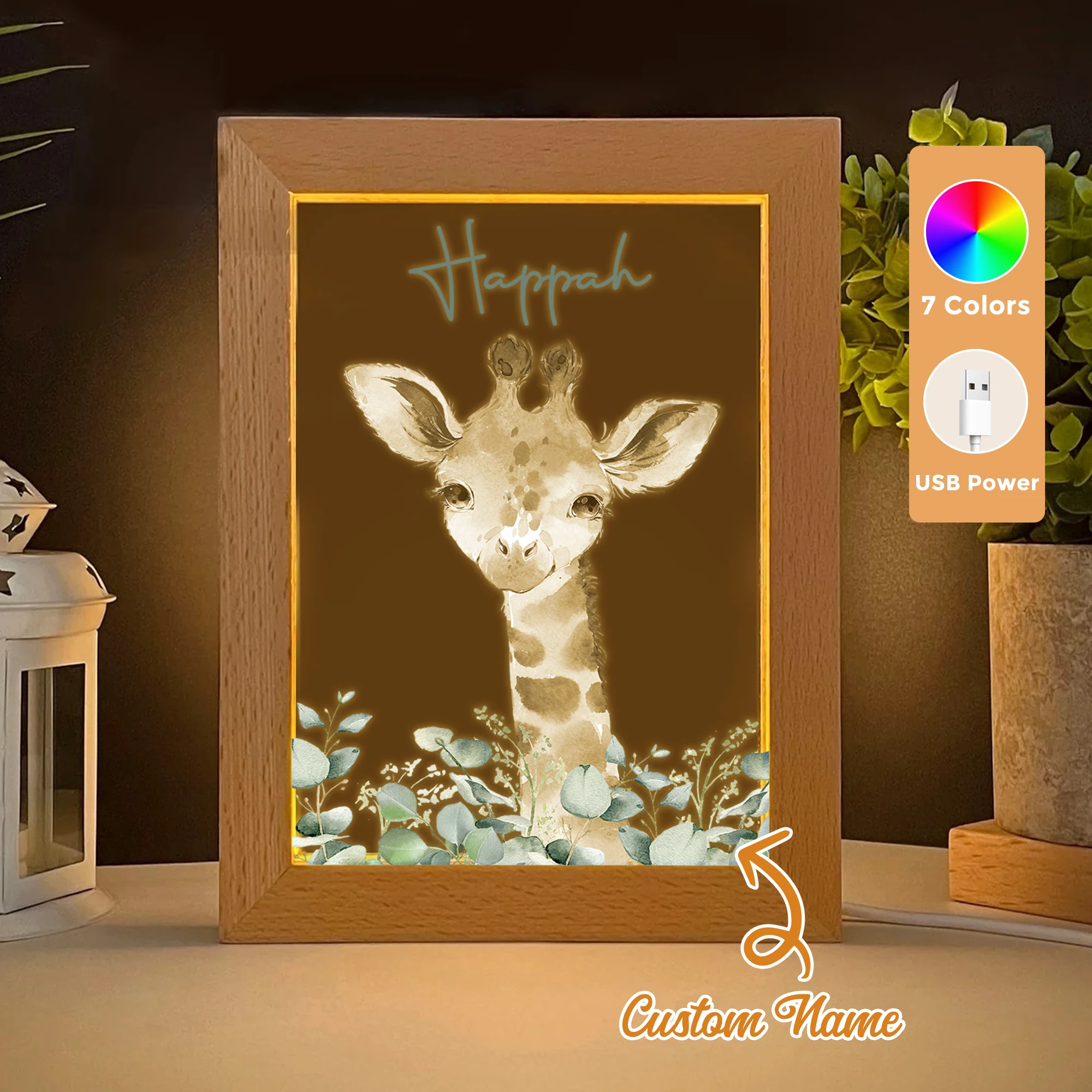

2D Flat Custom Name Giraffe LED Acrylic Night Light Wood Photo Frame 21x17cm Cartoon Children Bedroom Gifts Home Decor
