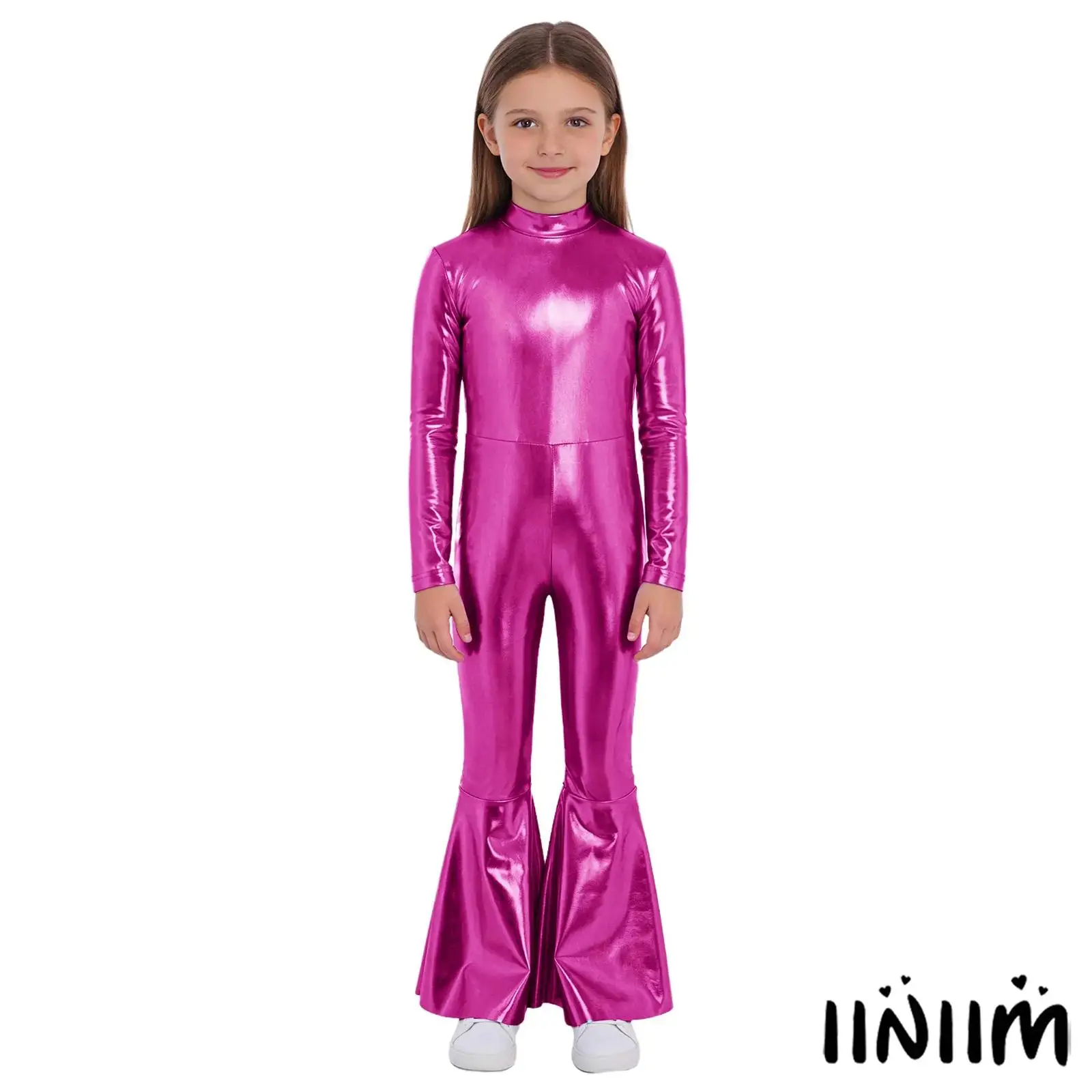 

Детский металлический комбинезон для девочек с высоким воротником, длинными рукавами, невидимой молнией на спине и расклешенными штанинами для танцевальных вечеринок и сценических выступлений