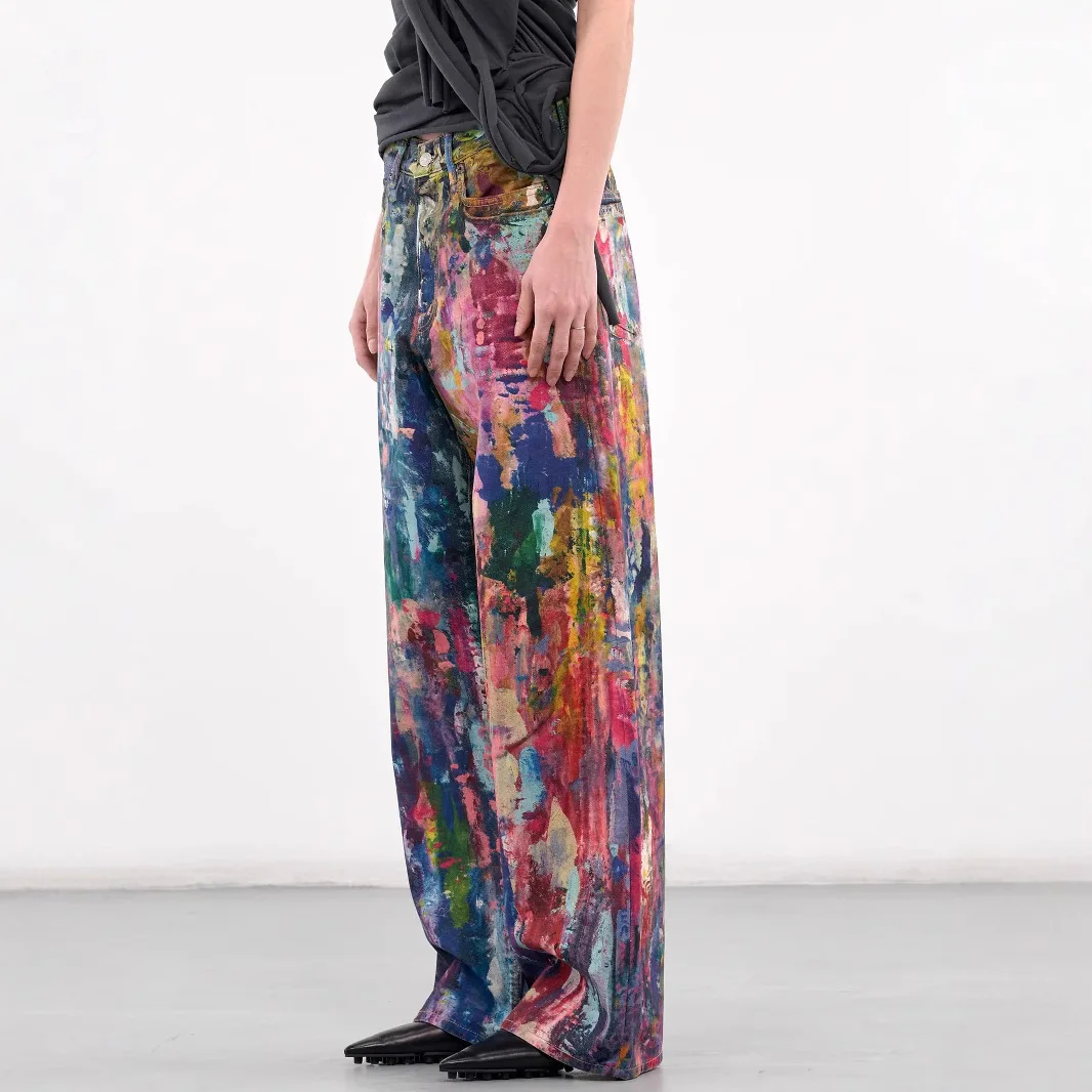 Jeans Women Wide Leg Pants Straight Denim Mom Paint Splash Trousers High Waist Distressed Vintage Floor Length Streetwear 2025