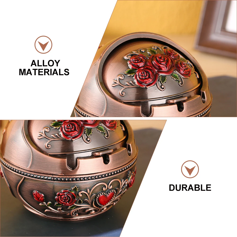 

Premium Zinc Alloy Anti-Fall Ashtray With Lid Vintage Floral Pattern Decorative Office Home Cigarette Butt Container Ornamental